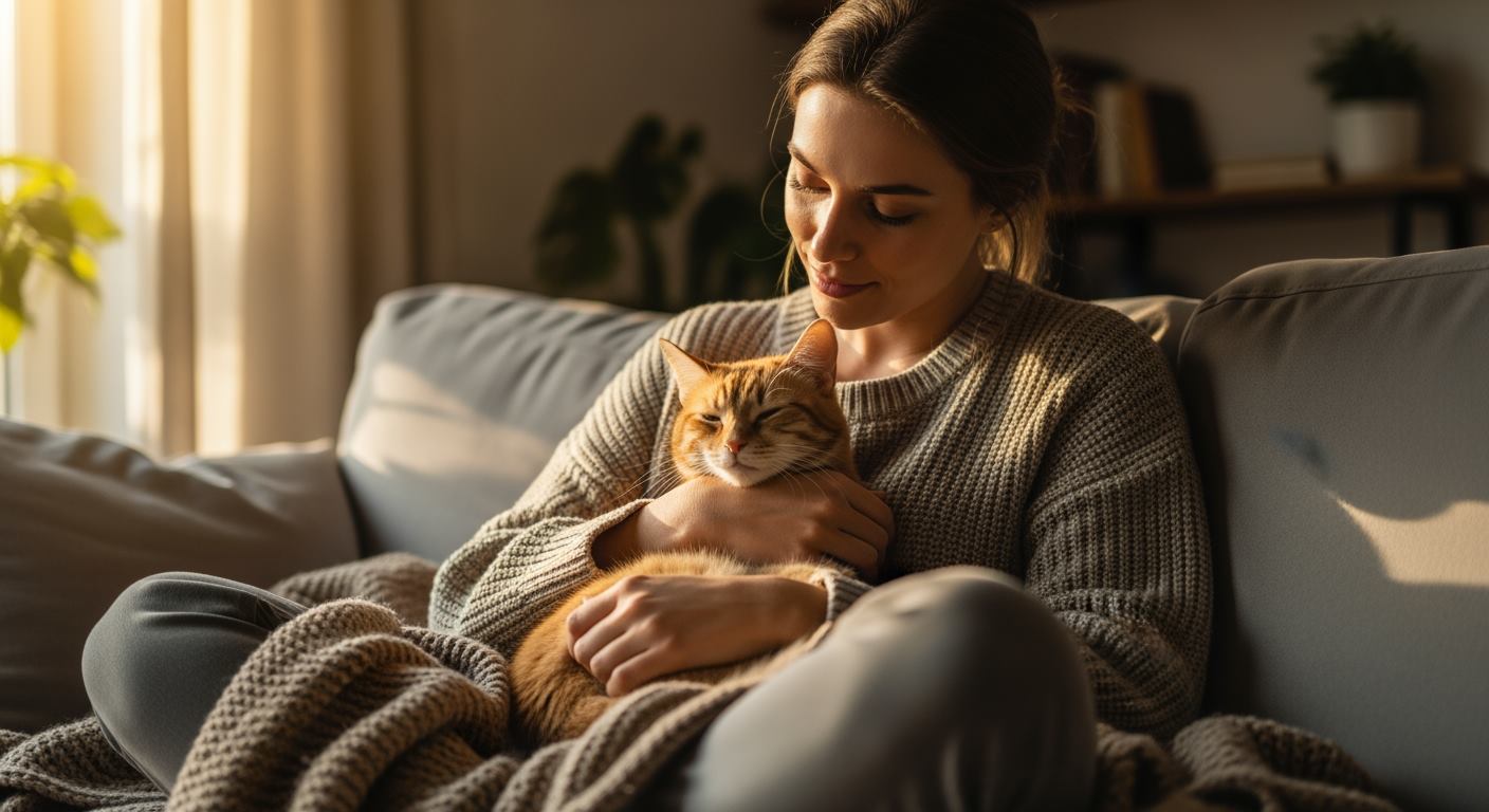 Pet owner relaxing at home with her cat