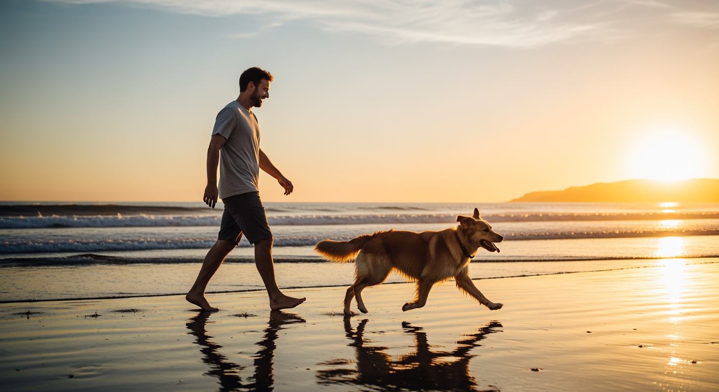 Man walking his happy dog on the beach