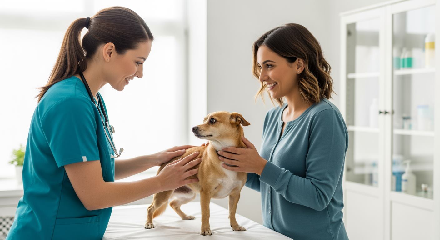 Veterinarian and pet owner during a caring exam
